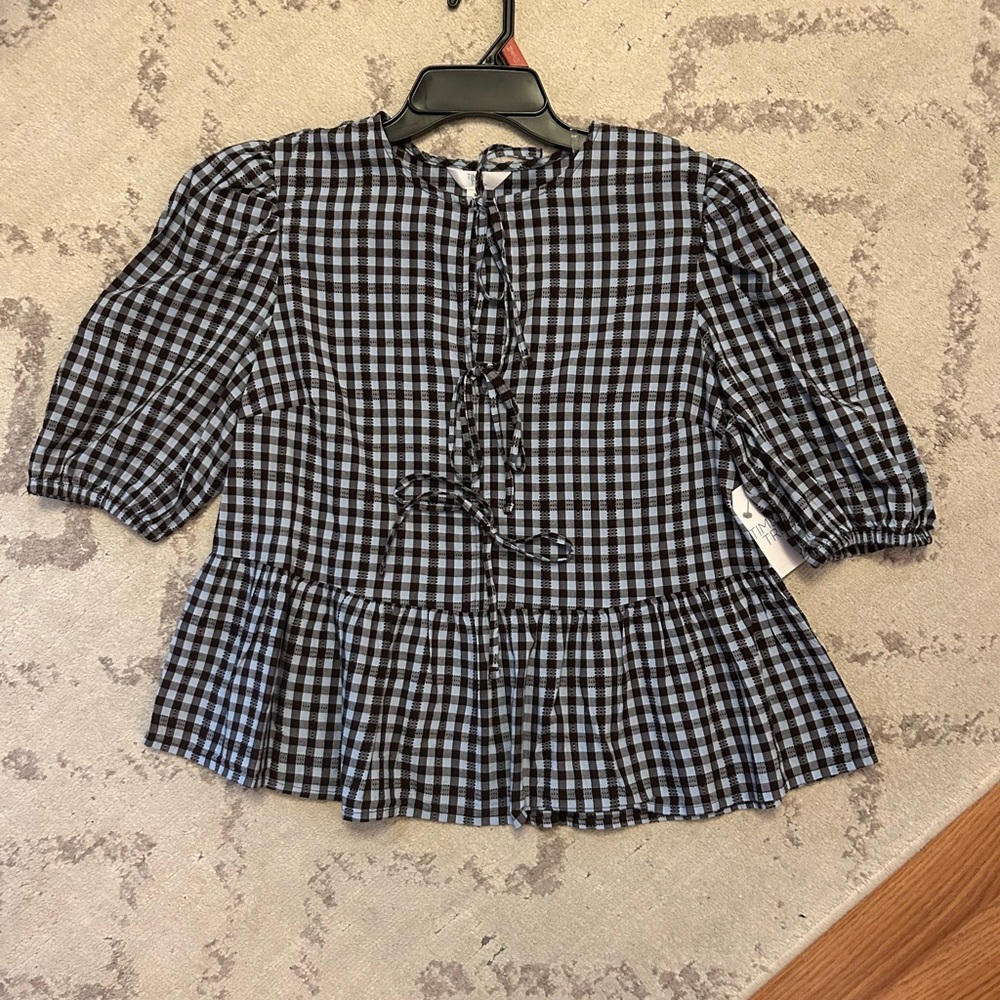 Time and Tru Light Blue and Brown Gingham Tie-Neck Top
